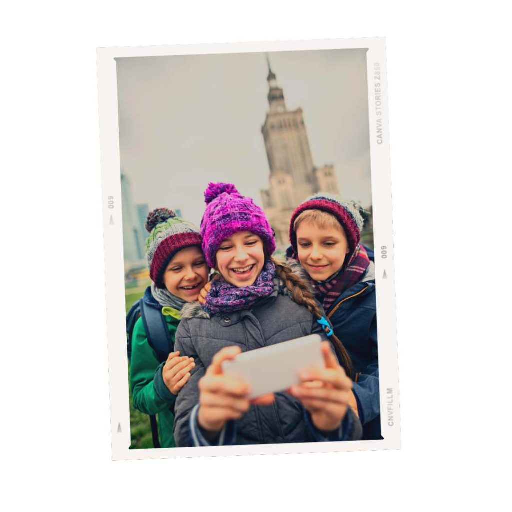 children in Warsaw taking a selfie